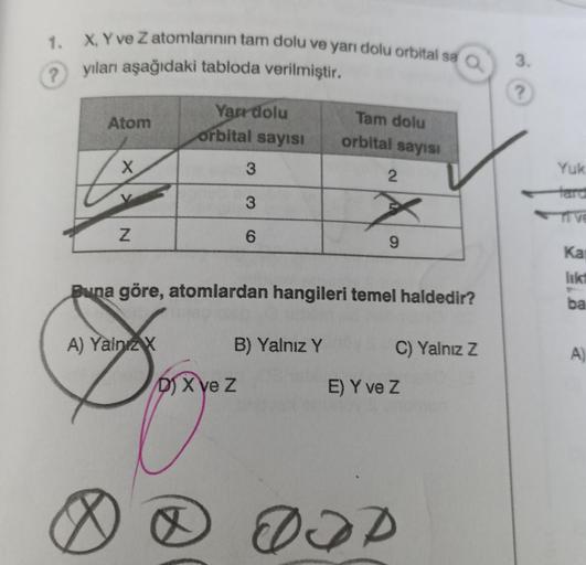 1. X, Y ve Z atomlarının tam dolu ve yarı dolu orbital sa a
yıları aşağıdaki tabloda verilmiştir.
3.
?
?
Atom
Yarr dolu
orbital sayısı
Tam dolu
orbital sayısı
X
3
2
Yuk
tard
TIVE
3
N
6
9
Ka
lik
Buna göre, atomlardan hangileri temel haldedir?
ba
A) Yalny
B)