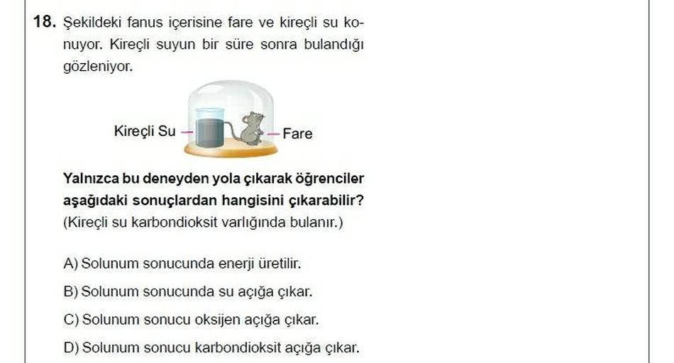 18. Şekildeki fanus içerisine fare ve kireçli su ko-
nuyor. Kireçli suyun bir süre sonra bulandığı
gözleniyor.
Kireçli Su
Fare
Yalnızca bu deneyden yola çıkarak öğrenciler
aşağıdaki sonuçlardan hangisini çıkarabilir?
(Kireçli su karbondioksit varlığında bulanır.)
A) Solunum sonucunda enerji üretilir.
B) Solunum sonucunda su açığa çıkar.
C) Solunum sonucu oksijen açığa çıkar.
D) Solunum sonucu karbondioksit açığa çıkar.