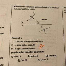 X ortamından Yondanna geçen doğrusal KOL atmasının
feriemesi şekildaki gibidir
ki
or
git
Normat
X
Si yol
30
Buna göre,
1. X artam: Yorkurindan derindir.
#. #çisi game acredit,
H. O açısı kurtra apsıdır.
yargılarından hanglteri doğrudur?
A) Yalnız) B) Yalnız
C) Yalnız IN
D) I ve III
E) 1, il ve
.
azat-
dik