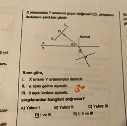 X ortamından Yondanna geçen doğrusal KOL atmasının
feriemesi şekildaki gibidir
ki
or
git
Normat
X
Si yol
30
Buna göre,
1. X artam: Yorkurindan derindir.
#. #çisi game acredit,
H. O açısı kurtra apsıdır.
yargılarından hanglteri doğrudur?
A) Yalnız) B) Yalnız
C) Yalnız IN
D) I ve III
E) 1, il ve
.
azat-
dik
