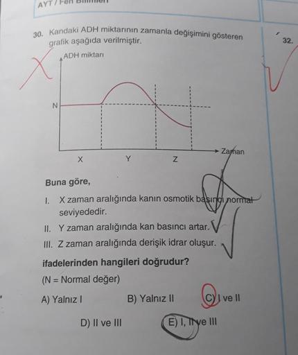 AYT/
30. Kandaki ADH miktarının zamanla değişimini gösteren
grafik aşağıda verilmiştir.
ADH miktarı
32.
N
→ Zaman
x
Y
Z
Buna göre,
1. X zaman aralığında kanın osmotik basıncı normat
seviyededir.
II. Y zaman aralığında kan basıncı artar.
III. Z zaman aralığ