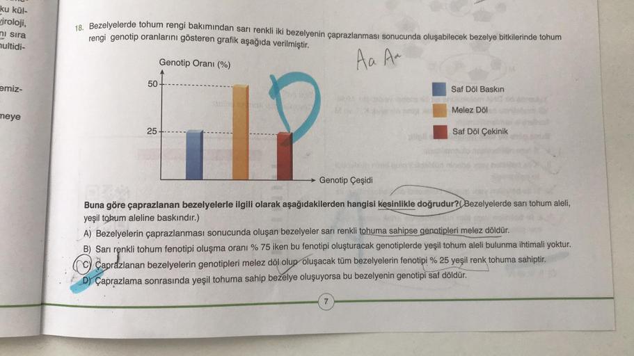 ku kül-
iroloji,
ni sira
multidi-
18. Bezelyelerde tohum rengi bakımından sarı renkli iki bezelyenin çaprazlanması sonucunda oluşabilecek bezelye bitkilerinde tohum
rengi genotip oranlarını gösteren grafik aşağıda verilmiştir.
Aa Aa
Genotip Oranı %)
50
emi