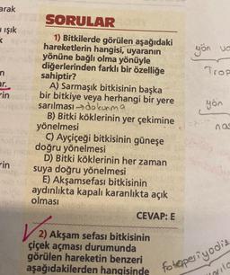 arak
ışık
<
yön va
Trop
n
er.
in
yön
SORULAR
1) Bitkilerde görülen aşağıdaki
hareketlerin hangisi, uyaranın
yönüne bağlı olma yönüyle
diğerlerinden farklı bir özelliğe
sahiptir?
A) Sarmaşık bitkisinin başka
bir bitkiye veya herhangi bir yere
sarılması dokunma
B) Bitki köklerinin yer çekimine
yönelmesi
C) Ayçiçeği bitkisinin güneşe
doğru yönelmesi
D) Bitki köklerinin her zaman
suya doğru yönelmesi
E) Akşamsefası bitkisinin
aydınlıkta kapalı karanlıkta açık
olması
CEVAP: E
opi
nas
rin
2) Akşam sefası bitkisinin
çiçek açması durumunda
görülen hareketin benzeri
sila
aşağıdakilerden hangisinde fot@periyodik