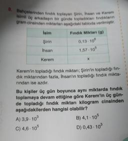 8. Bahçelerinden findik toplayan Şirin, Ihsan ve Kerem
isimli Üç arkadaşın bir günde topladıkları findiklarin
gram cinsinden miktarlan aşağıdaki tabloda verilmiştir.
Isim
Findik Miktarı (g)
Şirin
0,13.10
1,57 105
Ihsan
Kerem
X
Kerem'in topladığı fındık miktarı; Şirin'in topladığı fin-
dik miktarından fazla, ihsan'ın topladığı fındık mikta-
rindan ise azdır.
Bu kişiler üç gün boyunca aynı miktarda fındık
toplamaya devam ettiğine göre Kerem'in üç gün-
de topladığı fındık miktarı kilogram cinsinden
aşağıdakilerden hangisi olabilir?
A) 3,9. 103
B) 4,1. 105
C) 4,6. 105
D) 0,43 . 10
.