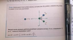 mx V + mv = mx VK + m, VL eşıtlıgine
eş
Örnek: Sürtünmelerin ihmal edildiği ortamda, durmakta olan 20 g kütleli L misketine 30 g kütleli
K misketi 10 m/s hızla çarpmaktadır.
ON LEAD LOCKI) OFF
Vk
NOVE NI BOW
- x
30°
60
li
El
ū
Ji
yY
Merkezi esnek çarpışma şeklinde gerçekleşen çarpışma sonrası, K ve L misketlerinin v
ve hızlarının büyüklükleri nedir?
F
73
Combo
(sin 30º = cos 60°= , sín 60°= COS 30°=
1
2
2)
