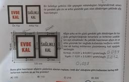 Bir belediye yetkilisi ilde yaşayan vatandaşları bilgilendirmek amacı
ile yandaki gibi ön ve arka yüzünde yazı olan dikdörtgen şeklinde afiş
hazırlamıştır.
EVDE
KAL
SAĞLIKLI
KAL
Ön Yüz
Arka Yüz
60mm
60mm
15 mm
wwol
90 mm
15 mm
15 mm
0 058
5 mm
Afişin arka ve ön yüzü yandaki gibi dikdörtgen bir ka-
ğıda yerleştirildiğinde kenarlara ve birbirine uzaklık-
ları eşit olmaktadır. Bu şekilde hazırlanan afişin ön ve
EVDE
SAĞLIKLI
arka yüzünde her sayfada kullanılan harflerin renkle-
rine ait kartuş miktarının çözümlenmiş hali aşağıda
KAL KAL
verilmiştir.
Kırmızı: (5.0,01 + 8.0,001) gram/sayfa
Siyah: (1.0,01 + 2.0,001) gram/sayfa 0,012
15 mm
135 mm
0, 058
Buna göre hazırlanan afişlerin yüzlerinin alanları toplamı 1440 dm2 olduğuna göre kullanılan kartuş mik-
tarlarının toplamı en az kaç gramdır?
B) 110
C) 210
D) 220
15 mm
A) 105