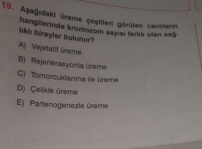 19. Aşağıdaki üreme çeşitleri görülen canlıların
hangilerinde kromozom sayısı farkli olan sağ-
likli bireyler bulunur?
A) Vejetatif üreme
B) Rejenerasyonla üreme
C) Tomorcuklanma ile üreme
D) Çelikle üreme
E) Partenogenezle üreme
