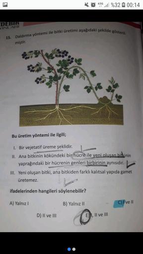 4:56.11 %32 00:14
DEBIH
YINLARI
15. Daldırma yöntemi ile bitki üretimi aşağıdaki şekilde gösteril-
miştir.
Bu üretim yöntemi ile ilgili;
I. Bir vejetatif üreme şeklidir.
II. Ana bitkinin kökündeki bir hücre ile yeni oluşan bitkinin
yaprağındaki bir hücreni