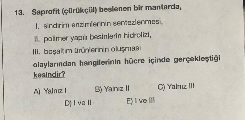 13. Saprofit (çürükçül) beslenen bir mantarda,
I. sindirim enzimlerinin sentezlenmesi,
II. polimer yapılı besinlerin hidrolizi,
III. boşaltım ürünlerinin oluşması
olaylarından hangilerinin hücre içinde gerçekleştiği
kesindir?
C) Yalnız III
A) Yalnız 1
D) I