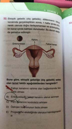 >> DENEME 8
32. Ektopik gebelik (diş gebelik); döllenmenin fallopi
kanalında gerçekleştikten sonra, 1 hafta içinde bölü
nerek uterusa doğru ilerleyememesi ve embriyoblas.
tin kanal içinde kalması durumudur. Bu durum a
33
da şematize edilmiştir.
aşağı
Rahim