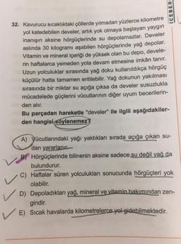 ICEBER
32. Kavurucu sıcaklıktaki çöllerde yılmadan yüzlerce kilometre
yol katedebilen develer, artık yok olmaya başlayan yaygın
inanışın aksine hörgüçlerinde su depolamazlar. Develer
aslında 30 kilogramı aşabilen hörgüçlerinde yağ depolar.
Vitamin ve mineral içeriği de yüksek olan bu depo, devele-
rin haftalarca yemeden yola devam etmesine imkân tanır.
Uzun yolculuklar sırasında yağ doku kullanıldıkça hörgüç
küçülür hatta tamamen eritilebilir. Yağ dokunun yakılması
sırasında bir miktar su açığa çıksa da develer susuzlukla
mücadelede güçlerini vücutlarının diğer uyum becerilerin-
den alır.
Bu parçadan hareketle "develer" ile ilgili aşağıdakiler-
den hangisi soylenemez?
A) Yücutlarındaki yağı yaktıkları sırada açığa çıkan su-
dan yararlanır.
B) Hörgüçlerinde bilinenin aksine sadece su değil yağ da
bulundurur.
C) Haftalar süren yolculukları sonucunda hörgüçleri yok
olabilir.
D) Depoladıkları yağ, mineral ve vitamin bakımından zen-
gindir.
E) Sıcak havalarda kilometrelerce yet gidebilmektedir.