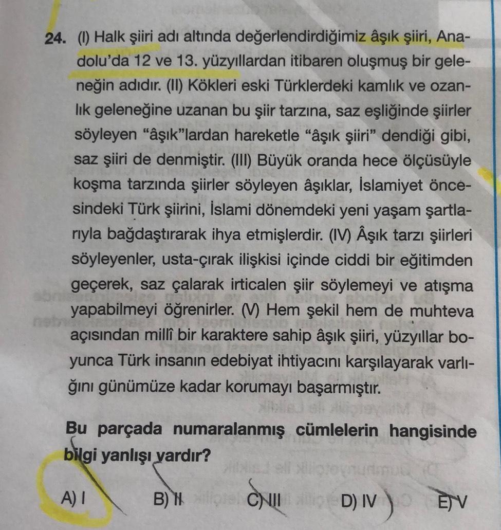 24. (1) Halk şiiri adı altında değerlendirdiğimi&hellip; Lise Türkçe