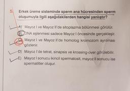 5
Erkek üreme sisteminde sperm ana hücresinden sperm
oluşumuyla ilgili aşağıdakilerden hangisi yanlıştır?
A) Mayoz I ve Mayoz Il'de sitoplazma bölünmesi görülür.
BONA eşlenmesi sadece Mayoz I öncesinde gerçekleşir.
Mayoz I ve Mayoz ll'de homolog kromozom ayrılması
gözlenir.
D) Mayoz l'de tetrat, sinapsis ve krossing-over görülebilir.
E) Mayoz I sonucu ikincil spermatosit, mayoz Il sonucu ise
spermatitler oluşur.