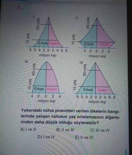 7.
AA
Erkek Kadın
Erkek Kadın
8 5 4 2 0 2 468
4
2 0 2 4
milyon kişi
milyon kişi
Erkek Kadın
Erkek Kadın
4 2 0 2 4
milyon kişi
8 5 4 2 0 2 468
milyon kişi
Yukarıdaki nüfus piramitleri verilen ülkelerin hangi-
lerinde çalışan nüfusun yaş ortalamasının diğerle-
rinden daha düşük olduğu söylenebilir?
A) I ve II
B) II ve III
C) III ve IV
D) I ve IV
E) II ve IV
15 yaş
=
III
15 yaş
65+yaş
65+yaş
15 yaş
15 yaş
IV
65+yaş
65+yaş
arı