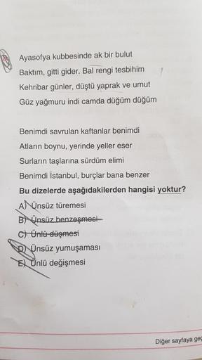 Ayasofya kubbesinde ak bir bulut
Baktım, gitti gider. Bal rengi tesbihim
Kehribar günler, düştü yaprak ve umut
Güz yağmuru indi camda düğüm düğüm
Benimdi savrulan kaftanlar benimdi
Atların boynu, yerinde yeller eser
Surların taşlarına sürdüm elimi
Benimdi
