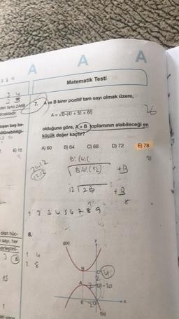 989
den fark 2A6B
Imektedir.
uşan beş ba-
mölünebildiği-
S So
2 815
2411 2
12128
1372
1 2 3 4 5 6 7 89
12
8.
1 4
18
olan hüc-
sayı, her
erleştiril
3
15
1
an yana
A
A
Matematik Testi
7.
Ave B birer pozitif tam sayı olmak üzere,
A = √B-(4! + 5! + 6!)
26
olduğuna göre, A+B toplamının alabileceği en
küçük değer kaçtır?
A) 60
B) 64
C) 68
D) 72
E) 78
B! (41(
B.U! (12) +B
+B
g(x)
B
(8
due
A 2011-20
f(x)
A
m
8