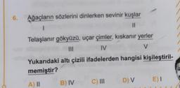 6. Ağaçların sözlerini dinlerken sevinir kuşlar
1
11
Telaşlanır gökyüzü, uçar çimler, kıskanır yerler
|||
IV
V
Yukarıdaki altı çizili ifadelerden hangisi kişileştiril-
memiştir?
A) II B) IV
C) III D) V E) I