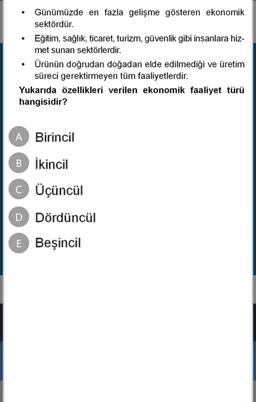●
Günümüzde en fazla gelişme gösteren ekonomik
sektördür.
• Eğitim, sağlık, ticaret, turizm, güvenlik gibi insanlara hiz-
met sunan sektörlerdir.
Ürünün doğrudan doğadan elde edilmediği ve üretim
süreci gerektirmeyen tüm faaliyetlerdir.
Yukarıda özellikler