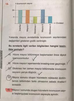 KONDISYONSERİSİ
18.
2n
n
Kromozom sayısı
Evreleri
Yukarıda mayoz evrelerinde kromozom sayılarındaki
değişimleri gösteren grafik verilmiştir.
Bu evrelerle ilgili verilen bilgilerden hangisi kesin-
likle yanlıştır?
Hücre mayoz bölünmeye başlamadan önce diploit
kromozomludur.
B)
Hücre mayoz-l aşamasında krossing-over geçirmiştir.
Sitokinez her zaman mayoz bölünmede kromozom
sayısını yarıya düşürür.
D) Mayoz sonucu oluşan hücrelerin nükleotid dizilim-
lerinin birbirinden farklı olmasının sebebi Anafaz-l
evresidir.
E) Mayoz-l sonunda oluşan hücrelerin kromozom sayı-
si başlangıçtaki kromozom sayısıyla aynıdır.
İnterfaz
Mayoz-l
Sitokinez-l
Mayoz-II
Sitokinez-II