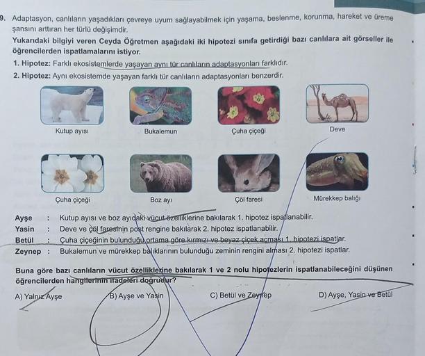 9. Adaptasyon, canlıların yaşadıkları çevreye uyum sağlayabilmek için yaşama, beslenme, korunma, hareket ve üreme
şansını arttıran her türlü değişimdir.
Yukarıdaki bilgiyi veren Ceyda Öğretmen aşağıdaki iki hipotezi sınıfa getirdiği bazı canlılara ait görs