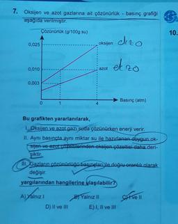 7.
Oksijen ve azot gazlarına ait çözünürlük - basınç grafiği
aşağıda verilmiştir.
Çözünürlük (g/100g su)
0,025
oksijen dezo
ekzo
0,010
azot
0,003
Basınç (atm)
0
1
Bu grafikten yararlanılarak,
1. Oksijen ve azot gazı suda çözünürken enerji verir.
II. Aynı basınçta aynı miktar su ile hazırlanan doygun.ok-
sijen ve azot çözeltilerinden okeljen çözeltisi daha deri-
şiktir.
Ill. Gazların çözünürlüğü basınçları ile doğru orantılı olarak
değişir.
yargılarından hangilerine ulaşılabilir?
A) Yalnız I
B) Yalnız II
Siive 11
D) II ve III
E) I, II ve III
4
10.