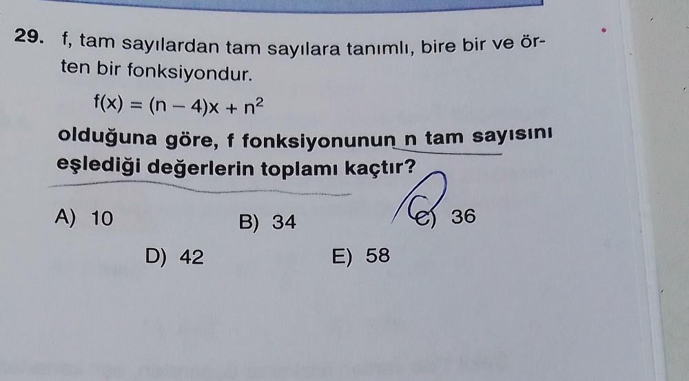 29. f, tam sayılardan tam sayılara tanımlı, b... - Lise Matematik