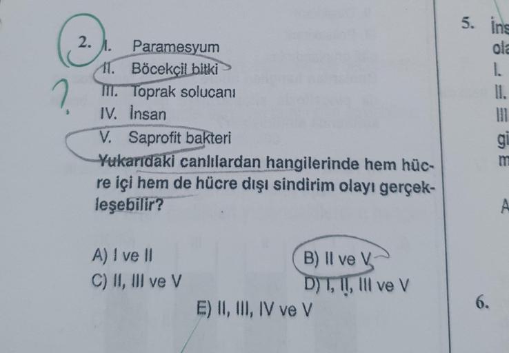 ?
2.1.
Paramesyum
11. Böcekçil bitki
III. Toprak solucanı
IV. Insan
V. Saprofit bakteri
Yukarıdaki canlılardan hangilerinde hem hüc-
re içi hem de hücre dışı sindirim olayı gerçek-
leşebilir?
A) I ve II
B) II ve V
C) II, III ve V
D) I, II, III ve V
E) II,