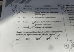3
H
a
6.
Özellik
En önemli hükümdarı İskender'dir.
Pankuş Meclisi, ülke yönetiminde
etkili olmuştur.
Kast sistemini uygulamışlardır.
Roma
Krallık, Cumhuriyet ve Imparatorluk
dönemleri yaşanmıştır.
V.
Fenike
Alfabeyi icat etmişlerdir.
Devlet veya uygarlıkların temel özellikleri ile ilgili yuka-
rida verilen eşleştirmelerden hangisi yanlıştır?
AL
B) II
Suur
bliv
?
Uygarlık
Makedonya
Çin
III. Hint
IV.
B
9.
?
Arda: Meza
sehir devlet
Esra: Ayn
turmuşlar
inşa eder
Bu diya
lerden
A) Lid
G) Hi
10