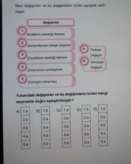 Bazı değişimler ve bu değişimlerin türleri aşağıda veril-
miştir.
Değişimler
1.
Metallerin elektriği iletmesi
2.
Elementlerden bileşik oluşumu
a.
Fiziksel
3.
Değişim
Çözeltilerin elektriği iletmesi
Kimyasal
Değişim
Çimentonun sertleşmesi
Gümüşün kararması
Yukarıdaki değişimler ve bu değişimlerin türleri hangi
seçenekte doğru eşleştirilmiştir?
A) 1.a
B) 1.b
C) 1.a
E) 1.a
D) 1.b
2.a
2.b
2.b
2.a
2.a
3.b
3.a
3.b
3.a
3.b
4.b
4.a
4.b
4.a
4.b
5.a
5.a
5.b
5.b
5.b
4.
5.
b.