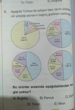E) Bugday
D) Tütün
6. Aşağıda Türkiye'de yetişen bazı tarım ürünler
nin yetiştiği alanların dağılış grafikleri verilmişt
%11,8
Konya
5,4 Ankara
%4 Diyarbakır
%4 Tekirdağ
%50.5
Diğer iller
%6,2
Konya
%80,5
Diğerleri
%17,5
Diğer iller
%9.5
Mardin
%9,5
Şanlıu