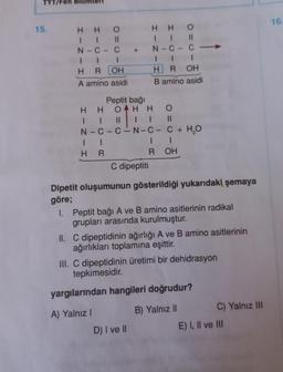 15.
HHO
HHO
N-C-C
N-C-C
1
1
1
H ROH
HR OH
A amino asidi
B amino asidi
Peptit bağı
HH OHH O
||
|
||
N-C-C-N-C- C + H₂O
I
1
HR
ROH
C dipeptiti
Dipetit oluşumunun gösterildiği yukarıdaki şemaya
göre;
1. Peptit bağı A ve B amino asitlerinin radikal
grupları arasında kurulmuştur.
II. C dipeptidinin ağırlığı A ve B amino asitlerinin
ağırlıkları toplamına eşittir.
III. C dipeptidinin üretimi bir dehidrasyon
tepkimesidir.
yargılarından hangileri doğrudur?
A) Yalnız I
B) Yalnız II
C) Yalnız III
D) I ve II
+
E) I, II ve III
16.