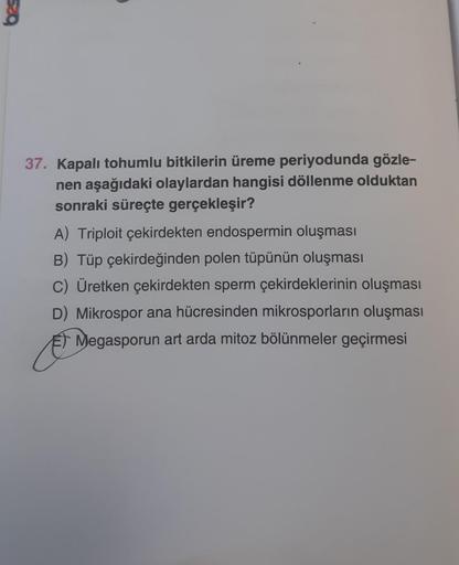 37. Kapalı tohumlu bitkilerin üreme periyodunda gözle-
nen aşağıdaki olaylardan hangisi döllenme olduktan
sonraki süreçte gerçekleşir?
A) Triploit çekirdekten endospermin oluşması
B) Tüp çekirdeğinden polen tüpünün oluşması
C) Üretken çekirdekten sperm çek