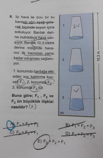 6. İçi hava ile dolu bir su
bardağı ağzıaşağı gele-
cek biçimde suyun içine
sokuluyor. Bardak deri-
ne indirildikçe hava sıkı-
şıyor. Bardak 10,3 metre
derine indiğinde hava-
nın ilk hacminin yarısı
kadar sıkışması sağlanı-
yor.
1. konumda bardağa etki
ede