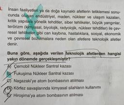 5. İnsan faaliyetleri ya da doğa kaynaklı afetlerin tetiklemesi sonu-
cunda oluşan endüstriyel, maden, nükleer ve ulaşım kazaları,
kritik yapılara yönelik tehditler, siber tehlikeler, büyük yangınlar,
terörizm (kimyasal, biyolojik, radyolojik, nükleer tehditler) ile çev-
resel tehlikeler gibi can kaybına, hastalıklara, sosyal, ekonomik
ve çevresel bozulmalara neden olan afetlere teknolojik afetler
denir.
Buna göre, aşağıda verilen teknolojik afetlerden hangisi
yakın dönemde gerçekleşmiştir?
A) Çernobil Nükleer Santral kazası
BY Fukuşima Nükleer Santral kazası
Nagazaki'ye atom bombasının atılması
Körfez savaşlarında kimyasal silahların kullanımı
EY Hiroşima'ya atom bombasının atılması