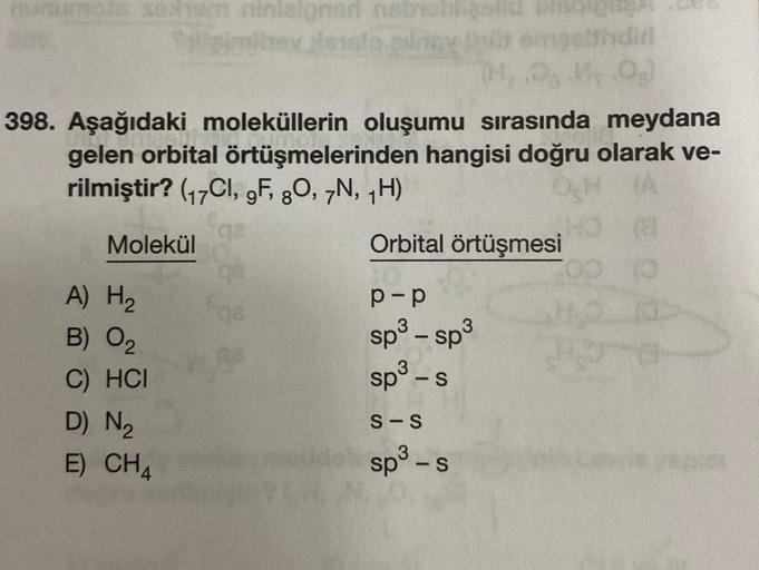 pisbiges
munumote Sexhom ninieignari nabilligslid
Tiigimibey Ness!
maelindid
(H. 0M, 0)
398. Aşağıdaki moleküllerin oluşumu sırasında meydana
gelen orbital örtüşmelerinden hangisi doğru olarak ve-
rilmiştir? (17Cl, 9F, 80, 7N, 1H)
H (A
qa
Molekül
Orbital ö