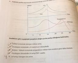 4. Aşağıdaki grafikte dişi bireyde menstrual döngü sırasında çeş
Miktar
LH
Progesteron
0
25
28
20
5
10
14
Grafiklere göre aşağıdaki yargıların doğru ya da yanlış olduğunu belirtelim.
Folikül evresinde östrojen miktarı artar,
Ovulasyon evresinde L.H maksimum düzeydedir,
UK. Korpus - luteum evresinde progesteron miktarı tüm evrelere göre daha fazladır.
LV. Ovulasyon öncesinde LH artışı FSH' ı azaltır.
y V. LH artışı östrojeni de artırır.
FSH
Gün
Östrojen
Gün
in