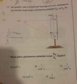 13. Işık şiddeti I olan noktasal ışık kaynağının K ve L noktalarının
çevresinde oluşturduğu aydınlanma şiddetleri Ek ve E dir.
9
Ekran
I
Ja
cosa
EK
Buna göre, aydınlanma şiddetleri oranı
EL
1
A) cos³ a
B)
cos² a
P
I
C) cos² a
E)
K
got
1
COS a
kaçtır?
C)
1
3
Ɑ