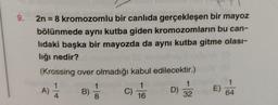 9.
2n = 8 kromozomlu bir canlıda gerçekleşen bir mayoz
bölünmede aynı kutba giden kromozomların bu can-
lidaki başka bir mayozda da aynı kutba gitme olası-
liği nedir?
(Krossing over olmadığı kabul edilecektir.)
1
1
A) //
1
1
B)
E)
C)
D)
64
32
4
8
16