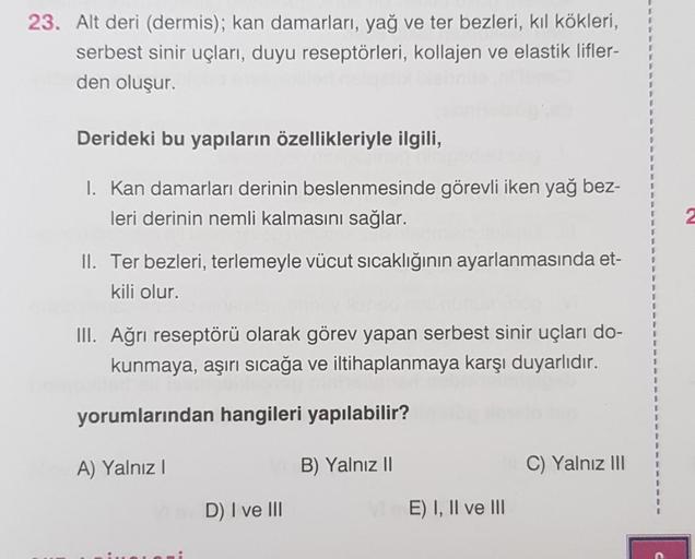 23. Alt deri (dermis); kan damarları, yağ ve ter bezleri, kıl kökleri,
serbest sinir uçları, duyu reseptörleri, kollajen ve elastik lifler-
den oluşur.
Derideki bu yapıların özellikleriyle ilgili,
I. Kan damarları derinin beslenmesinde görevli iken yağ bez