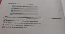 6. Aşağıda "görmek" sözcüğünün bazı anlamları verilmiştir.
Göz yardımıyla bir şeyin varlığını algılamak, seçmek
Anlamak, kavramak, sezmek
Yanına gidip konuşmak
Yüzü bir yöne doğru olmak, bakmak
Buna göre seçeneklerdeki cümlelerin hangisinde "görmek" sözcüğü verilen anlamlarının dısında kullanılmış-
tır?
A) Pencereden baktığımda Pelin'in buraya doğru geldiğini gördüm.
Çok çalışmanın, başarıyı ne kadar hızlı getirdiğini sen de göreceksin.
Yeni tuttuğumuz evin salonu, az da olsa güneş görüyor.
Bu tarihî yapı zamanında çok savaş gördü.