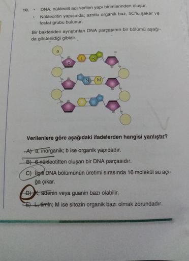 .
DNA, nükleotit adı verilen yapı birimlerinden oluşur.
Nükleotitin yapısında; azotlu organik baz, 5C'lu şeker ve
fosfat grubu bulunur.
Bir bakteriden ayrıştırılan DNA parçasının bir bölümü aşağı-
da gösterildiği gibidir.
a
OH
N M
Verilenlere göre aşağıdak