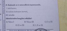 -n
si
u)
Behiye Dr. Nevhiz Işıl A
Işıl Anadolu Lisesi
25. Ksilemde su ve minerallerin taşınmasında,
I. kök basıncı,
II. terleme kohezyon kuvveti,
III. kılcallık
faktörlerinden hangileri etkilidir?
A) Yalnız I
B) Yalnız III
C) I ve III
D) II ve III
E) I, II ve III
Sinay süresi 40 dakikadır. Her bir som nu değerindedir