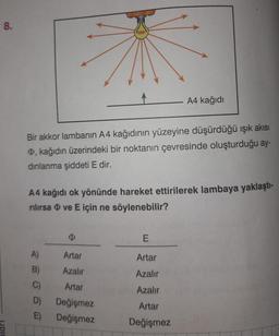 8.
A4 kağıdı
Bir akkor lambanın A4 kağıdının yüzeyine düşürdüğü ışık akısı
O, kağıdın üzerindeki bir noktanın çevresinde oluşturduğu ay-
dınlanma şiddeti E dir.
A4 kağıdı ok yönünde hareket ettirilerek lambaya yaklaştı-
rılırsa ve E için ne söylenebilir?
Ø
E
A)
Artar
Artar
Azalır
Azalır
Artar
Azalır
Değişmez
Artar
Değişmez
Değişmez
B)
C)
D)
E)