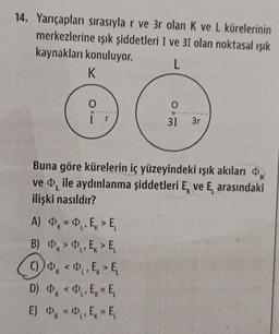 14. Yarıçapları sırasıyla r ve 3r olan K ve L kürelerinin
merkezlerine ışık şiddetleri I ve 31 olan noktasal ışık
kaynakları konuluyor.
L
K
O
O
I r
31 3r
K
Buna göre kürelerin iç yüzeyindeki ışık akıları
ve ile aydınlanma şiddetleri E ve E, arasındaki
ilişki nasıldır?
A) ₁ = ₁, E₁> E₁
B)
> ₁E > E
O
()) <₁,E₁ > E₁
₁
D)
₁ <₁,E₁=E₁
E) ₁ = ₁, E₁=E₁
we a