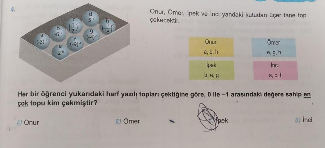 d
5-1
(-4)-3
Onur, Ömer, İpek ve İnci yandaki kutudan üçer tane top
çekecektir.
b
-6-2
(-3)-5
e
(-9)4
Onur
Ömer
-2-8
a, b, h
e, g, h
İpek
İnci
b, e, g
a, c, f
Her bir öğrenci yukarıdaki harf yazılı topları çektiğine göre, 0 ile -1 arasındaki değere sahip e