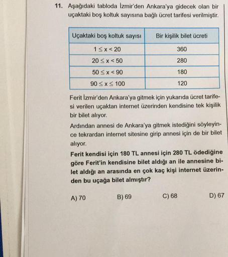 11. Aşağıdaki tabloda Izmir�den Ankara�ya&hellip; Ortaokul Matematik