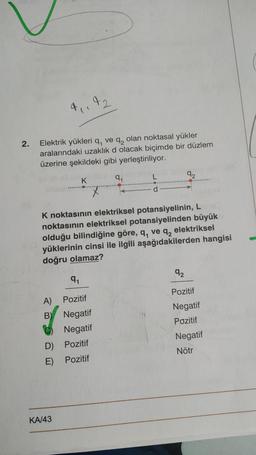 4
92
2. Elektrik yükleri q₁ ve q₂ olan noktasal yükler
aralarındaki uzaklık d olacak biçimde bir düzlem
üzerine şekildeki gibi yerleştiriliyor.
K
9₁
L
92
d
K noktasının elektriksel potansiyelinin, L
noktasının elektriksel potansiyelinden büyük
92
olduğu bilindiğine göre, q, ve q, elektriksel
yüklerinin cinsi ile ilgili aşağıdakilerden hangisi
doğru olamaz?
9₁
92
A)
Pozitif
Pozitif
B)
Negatif
Negatif
Negatif
Pozitif
D) Pozitif
Negatif
E) Pozitif
Nötr
KA/43