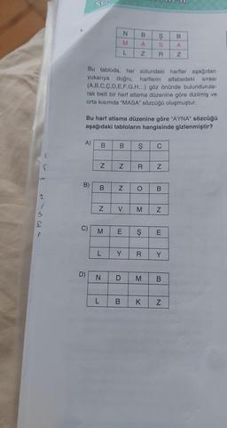 S
{
N
Ş
M
S
L
R
Bu tabloda, her sütundaki harfler aşağıdan
yukarıya doğru, harflerin alfabedeki sırası
(A,B,C,C,D,E,F,G,H...) göz önünde bulundurula-
rak belli bir harf atlama düzenine göre dizilmiş ve
orta kısımda "MASA" sözcüğü oluşmuştur.
Bu harf atlama düzenine göre "AYNA" sözcüğü
aşağıdaki tabloların hangisinde gizlenmiştir?
A)
B
Ş C
tale
Z
Z
R Z
B
B
B)
C)
D)
N
N
N
L
M E
L
Y
D
B
Z M
BAN
O
V M
S
20
N
E
R Y
M B
K
N
BAN