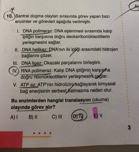 10. Santral dogma olayları sırasında görev yapan bazı
enzimler ve görevleri aşağıda verilmiştir.
I. DNA polimeraz: DNA eşlenmesi sırasında kalıp
ipliğin karşısına doğru deoksiribonukleotitlerin
yerleşmesini sağlar.
II. DNA helikaz: DNA'nın iki ipliği arası