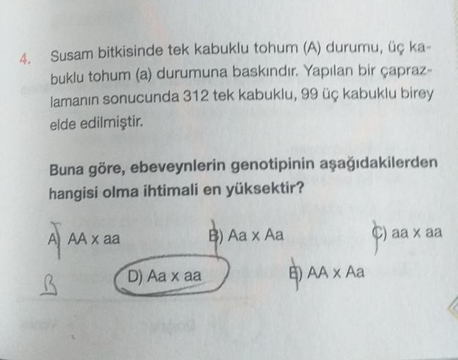 Susam bitkisinde tek kabuklu tohum (A) durumu, üç ka-
buklu tohum (a) durumuna baskındır. Yapılan bir çapraz-
lamanın sonucunda 312 tek kabuklu, 99 üç kabuklu birey
elde edilmiştir.
Buna göre, ebeveynlerin genotipinin aşağıdakilerden
hangisi olma ihtimali